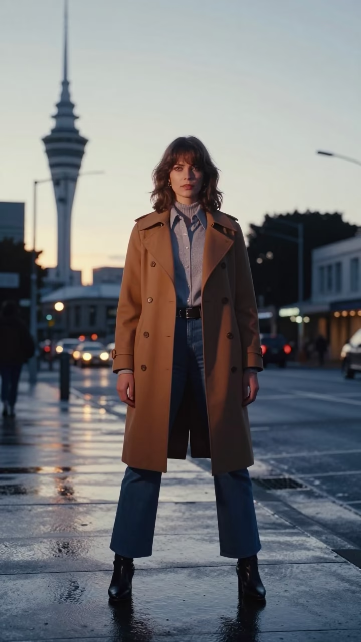 High Fashion 1970s Auckland Street Style Before Sunrise with Flame Tree Bloom in in Auckland, New Zealand