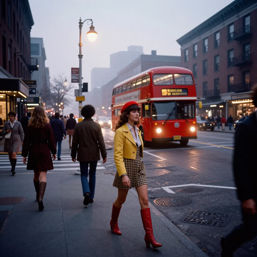 High Fashion 1970s Boston Street Scene at Nautical Dawn with Double Decker Bus in in Boston, Massachusetts, United States