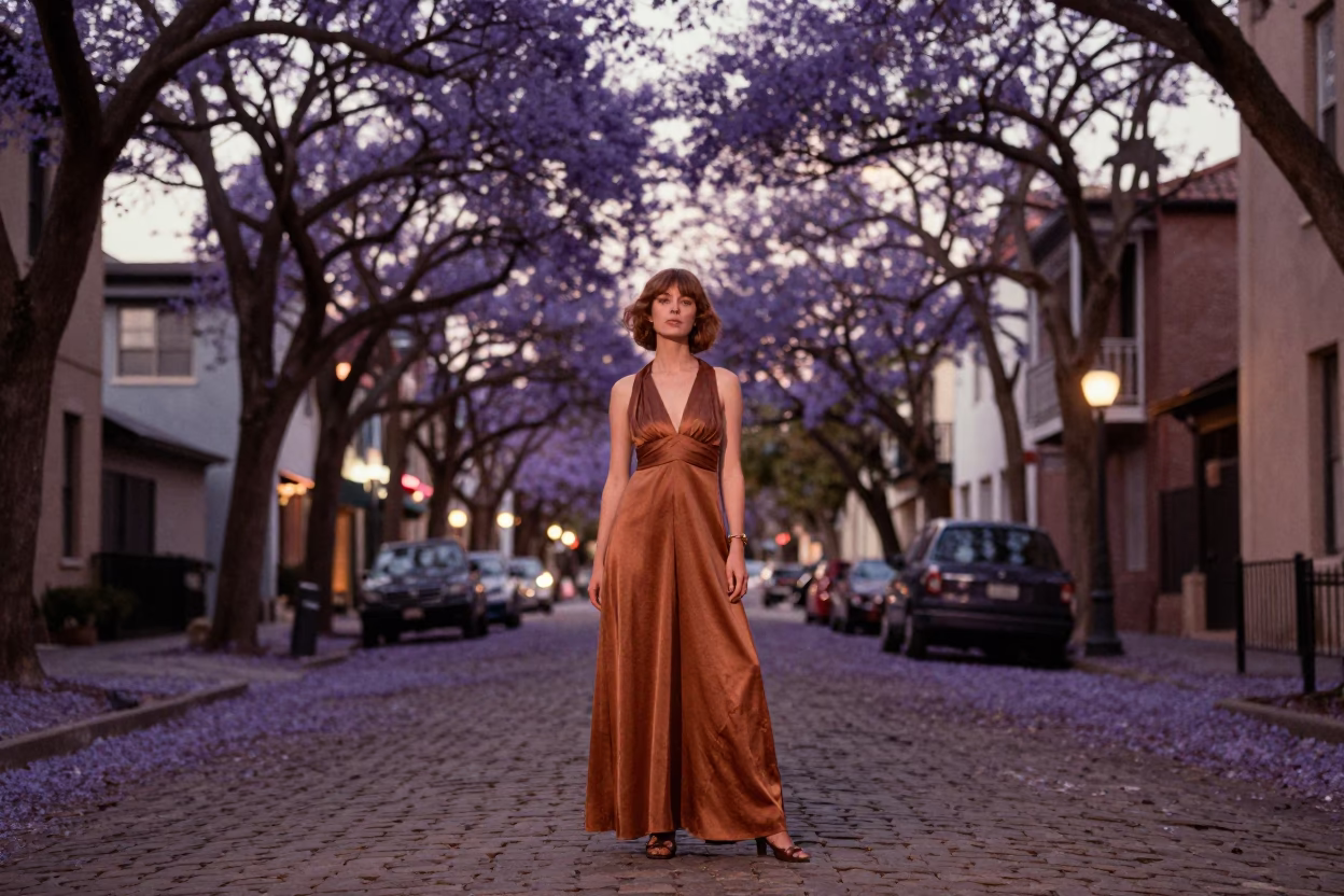High Fashion 1970s Charleston Dusk Street Style with Jacaranda Tree and Lemon Accents in in Charleston, South Carolina, United States