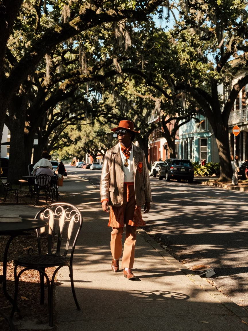 High Fashion 1970s Charleston South Carolina Late Afternoon Sunlight Street Scene in in Charleston, South Carolina, United States