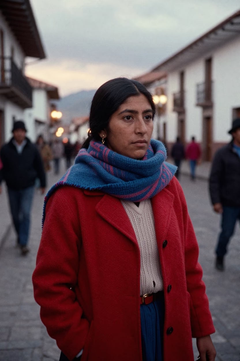High Fashion 1970s Cusco Evening Street Scene with Wool Scarves and Cobblestones in in Cusco, Peru
