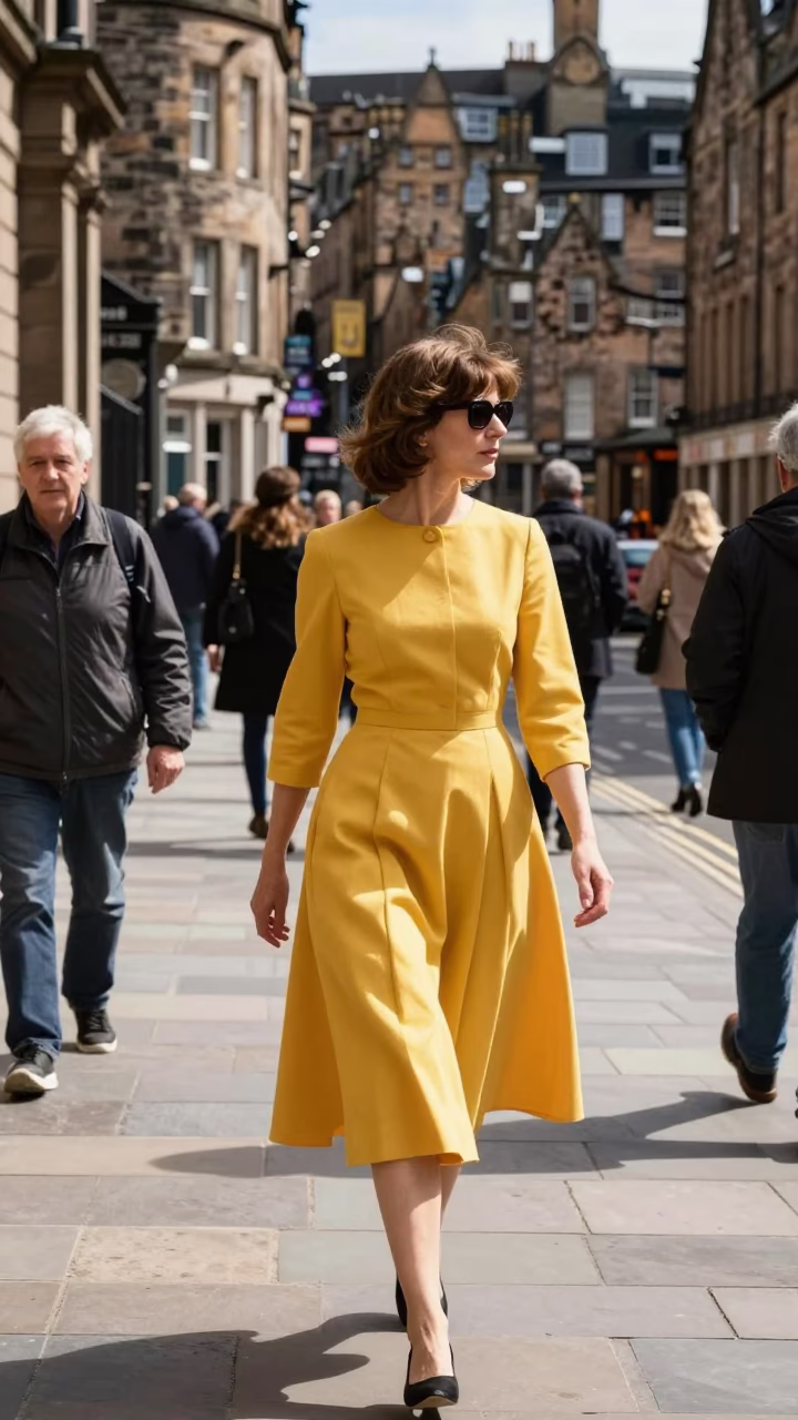 High Fashion 1970s Edinburgh Street Style in Bright Midmorning Light in in Edinburgh, United Kingdom