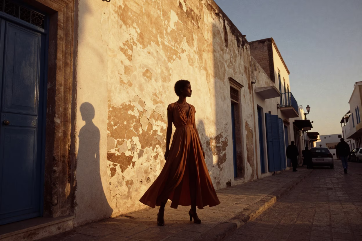 High Fashion 1970s Editorial in Tunis Tunisia Honeyed Evening Light Street Scene in in Tunis, Tunisia
