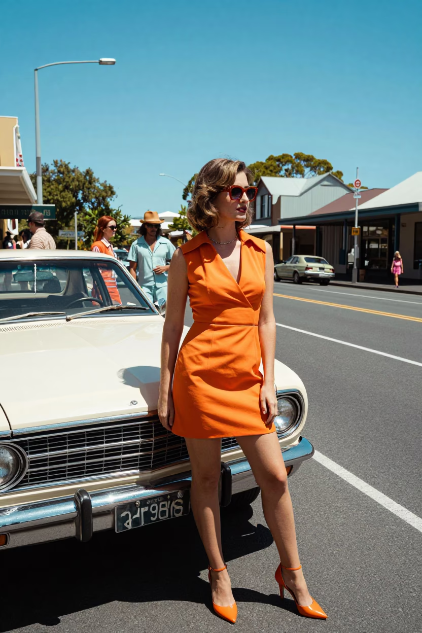 High Fashion 1970s Hobart Street Scene with Vintage Car and Colorful Clothing in in Hobart, Tasmania, Australia