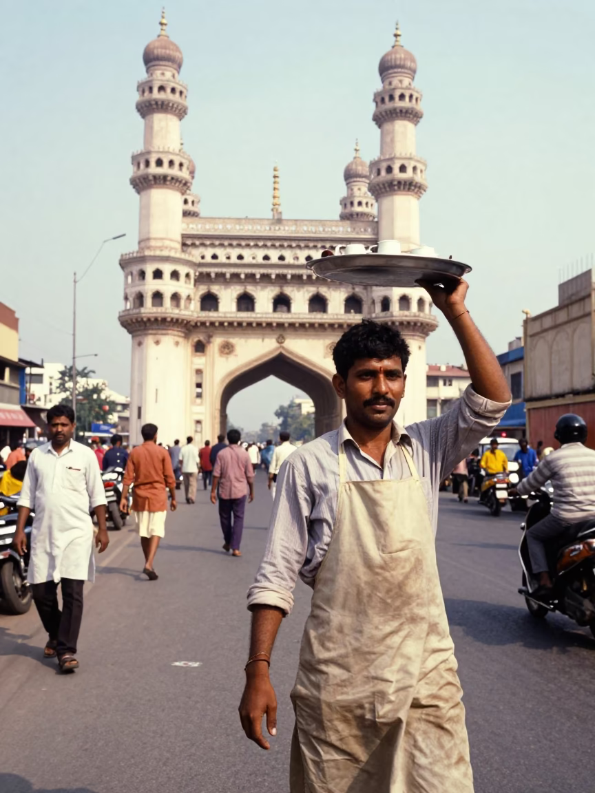 High Fashion 1970s Hyderabad Street Scene with Tea Tray and Apron in Midday Light in in Hyderabad, India