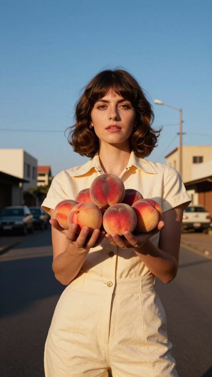 High Fashion 1970s Johannesburg Portrait with Peaches in Late Afternoon Sunlight in in Johannesburg, South Africa