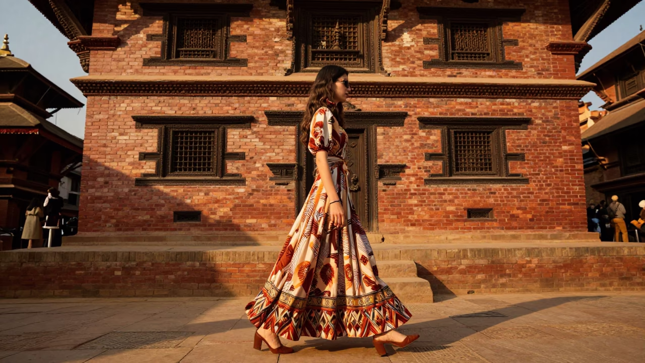High Fashion 1970s Kathmandu Street Style in Honeyed Evening Light with Local Market Details in in Kathmandu, Nepal