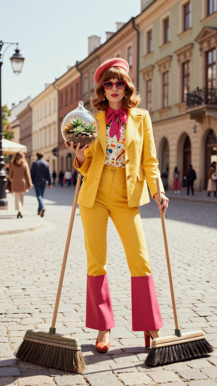 High Fashion 1970s Krakow Noon Street Style with Brooms and Terrarium in in Krakow, Poland
