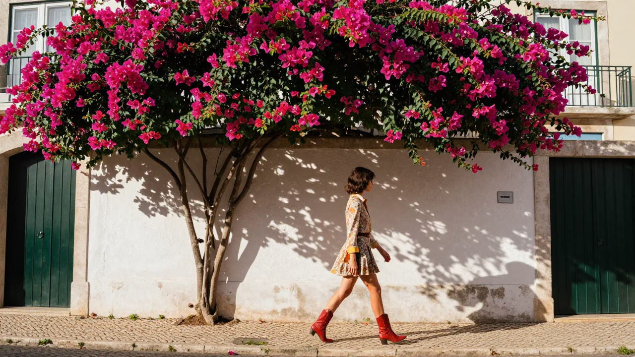 High Fashion 1970s Lisbon Street Style with Bougainvillea and Vintage Details in in Lisbon, Portugal