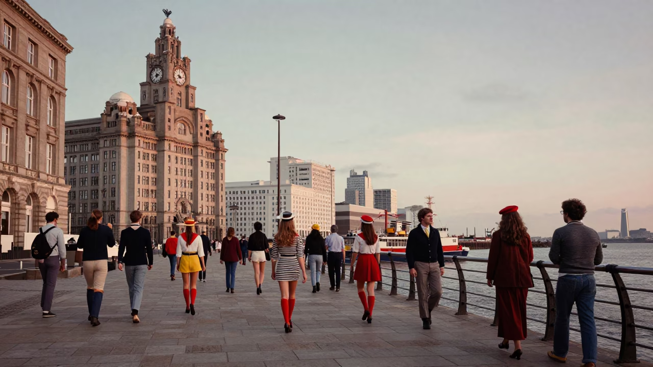High Fashion 1970s Liverpool Nautical Dawn Street Style with Ceramic Mugs and Golden Ring in in Liverpool, United Kingdom