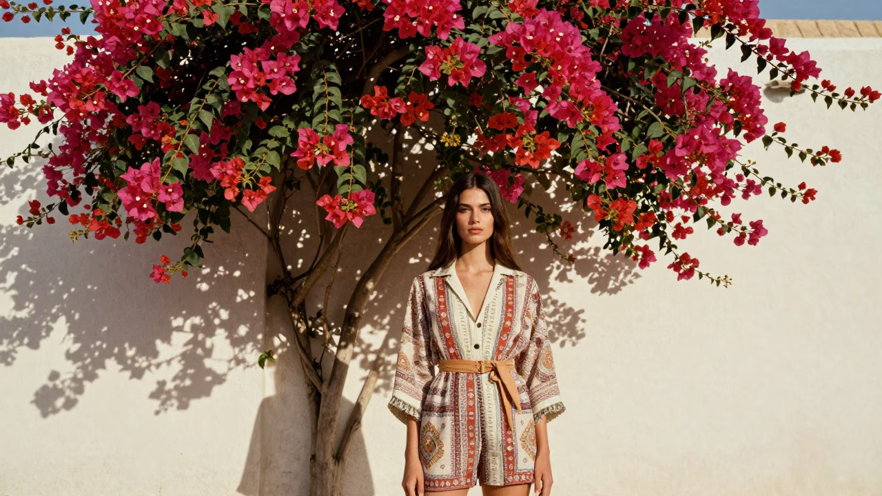 High Fashion 1970s Muscat Portrait with Bougainvillea and Vintage Brass Microscope in in Muscat, Oman
