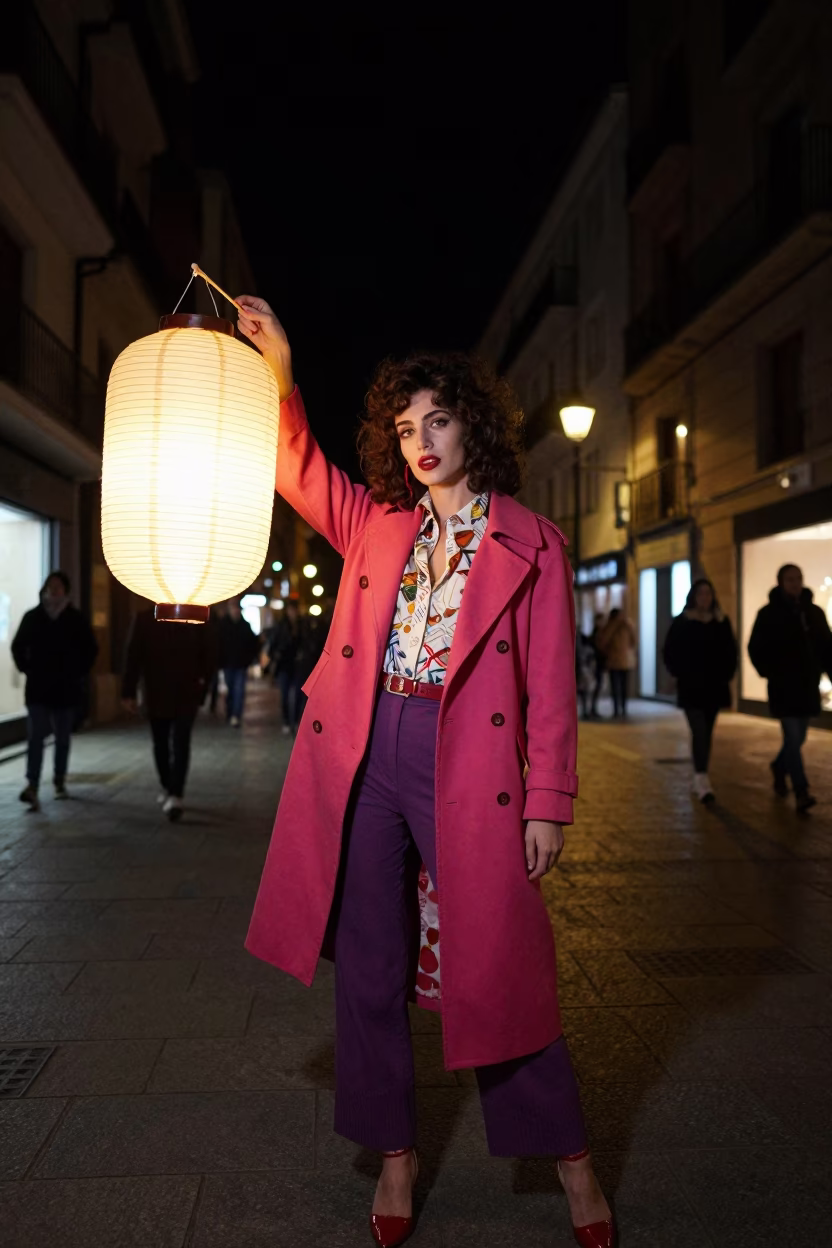 High Fashion 1970s Night Portrait in Bilbao Spain with Paper Lantern in in Bilbao, Spain