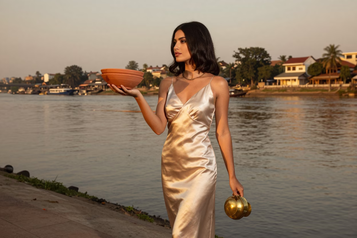 High Fashion 1970s Phnom Penh Evening Portrait with Terracotta Bowls and Measuring Tape in in Phnom Penh, Cambodia
