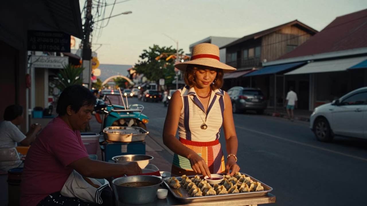 High Fashion 1970s Phuket Thailand Nautical Dawn Street Scene with Sun Stripe in in Phuket, Thailand