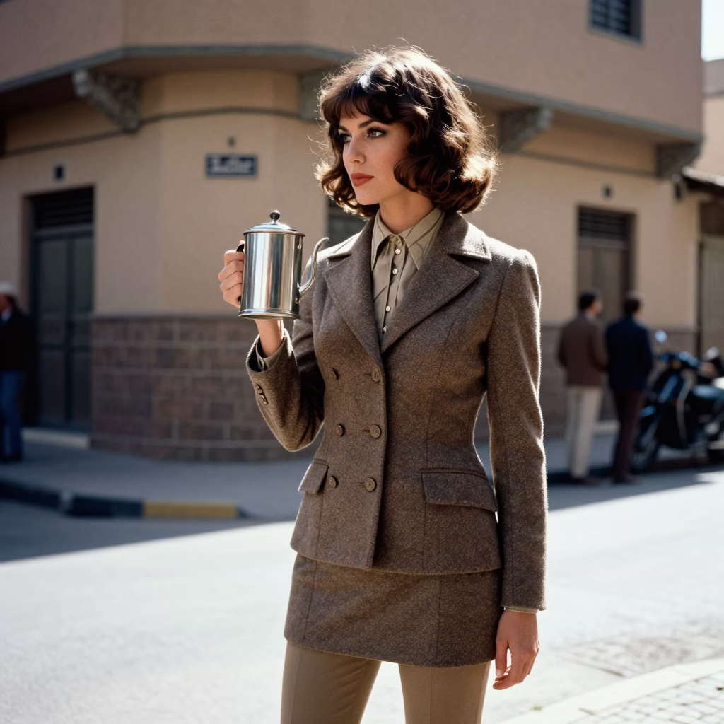 High Fashion 1970s Portrait in Casablanca Morocco with Tea Canister and Railway Viaduct in in Casablanca, Morocco