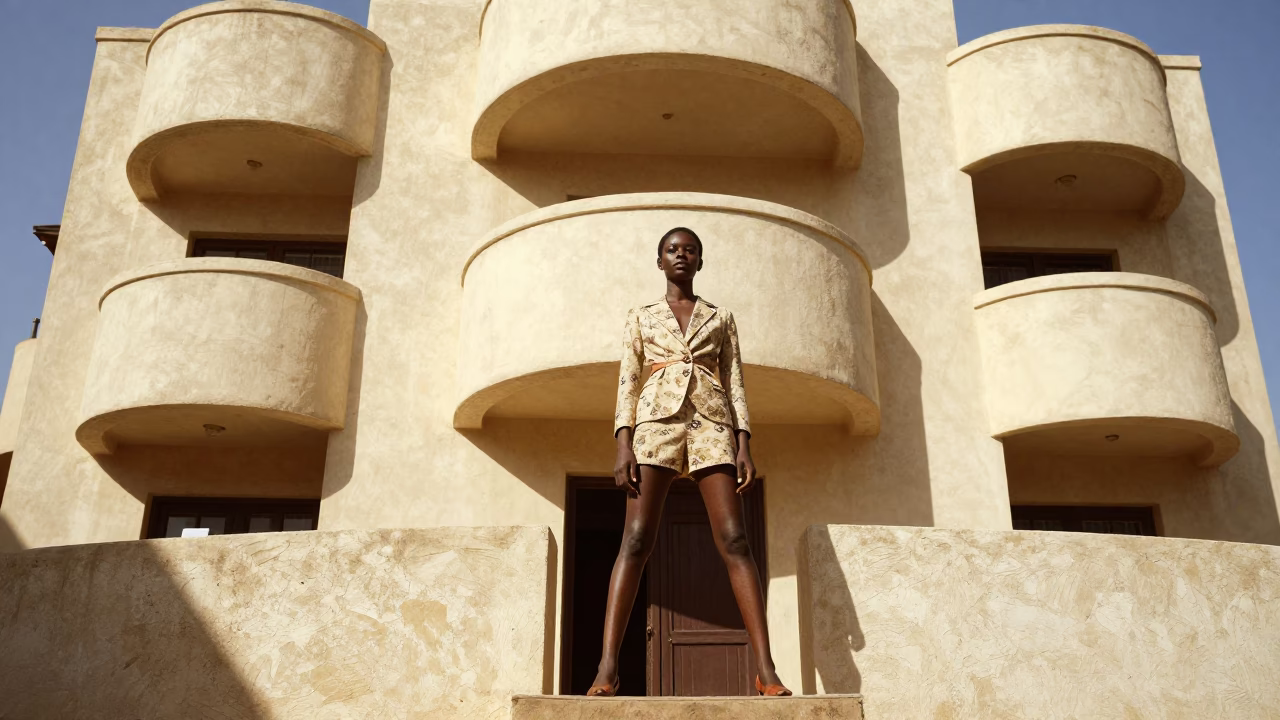 High Fashion 1970s Portrait in Dakar Senegal Noon Light Art Deco Facade in in Dakar, Senegal