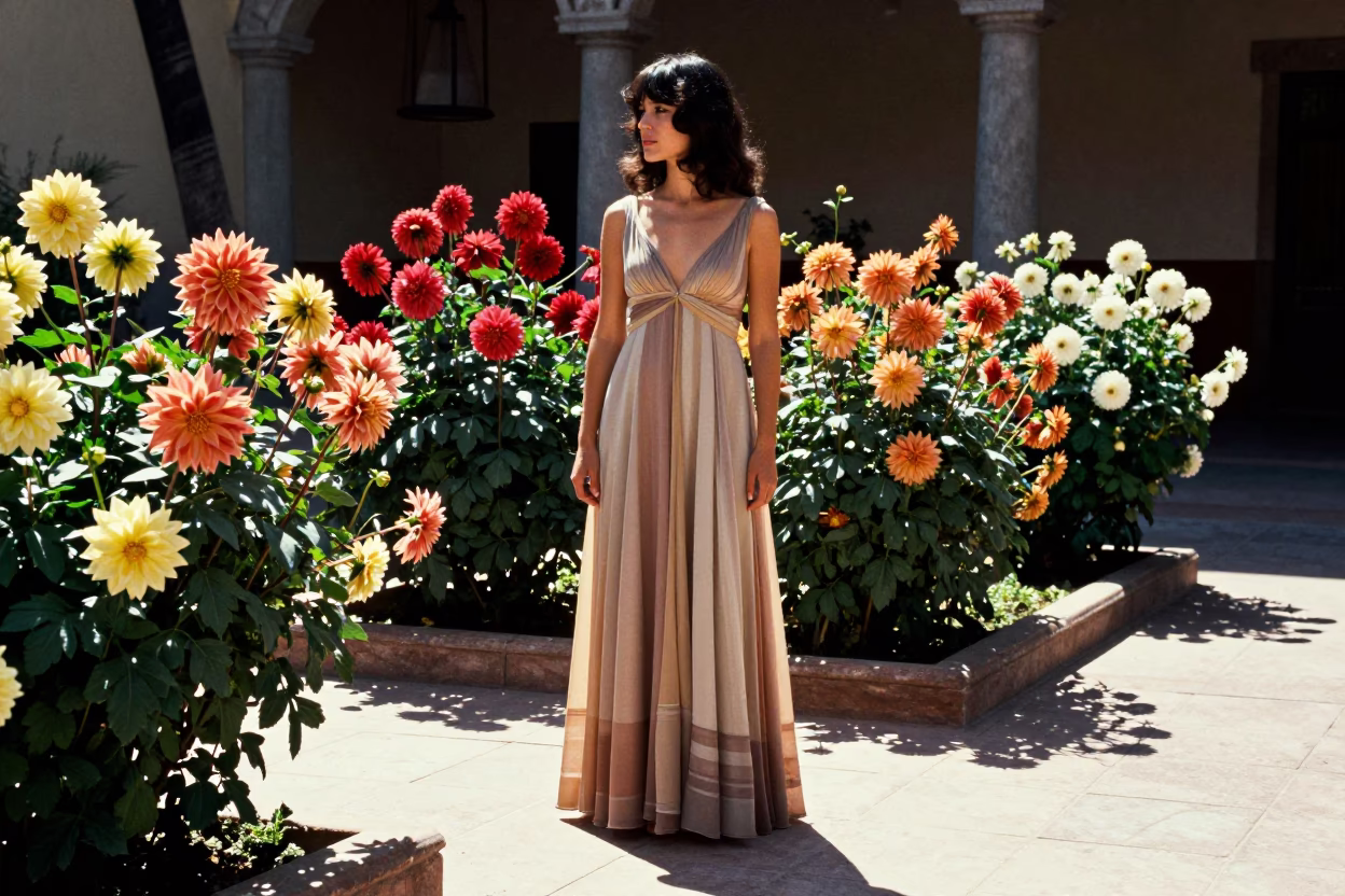 High Fashion 1970s Portrait in Mexico City Bright Midmorning Light with Dahlia Garden in in Mexico City, Mexico