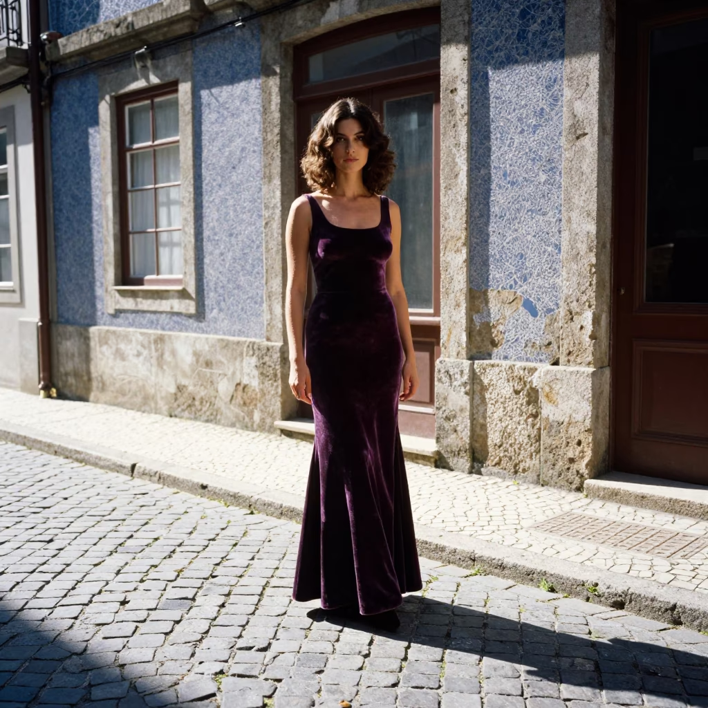High Fashion 1970s Portrait in Porto Portugal Cobblestone Street Noon Light in in Porto, Portugal