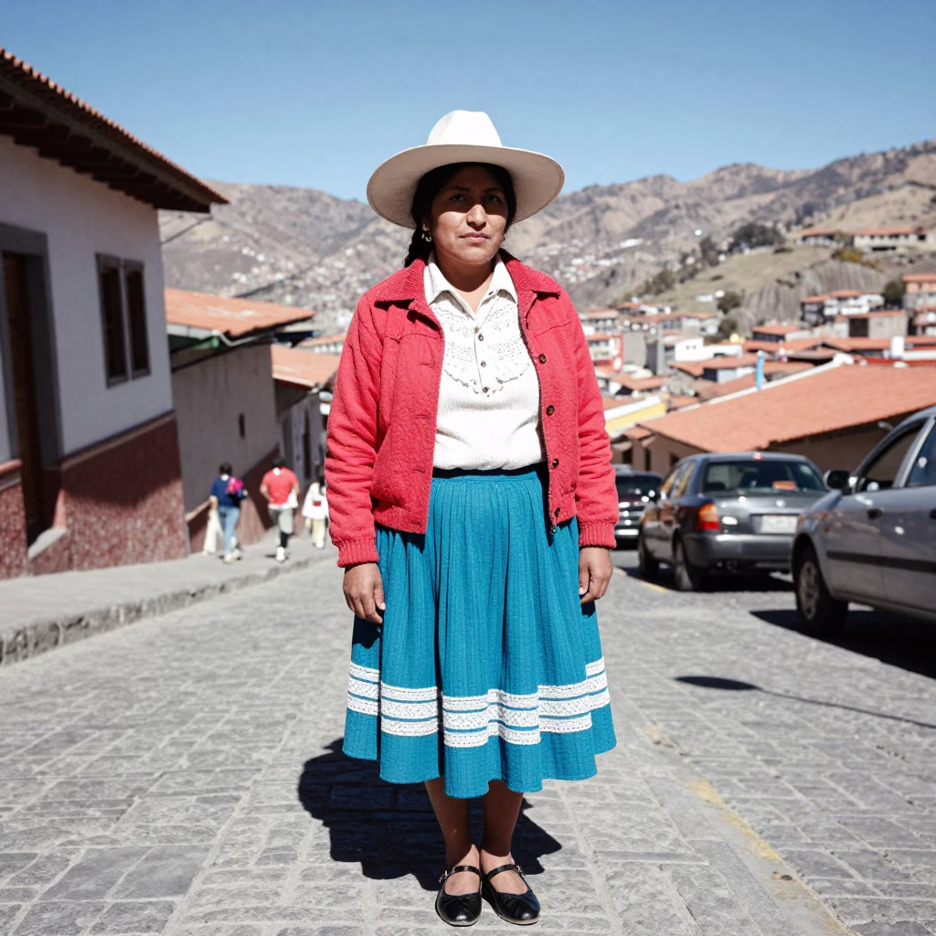 High Fashion 1970s Portrait of Bolivian Woman in La Paz Under Noon Sun in in La Paz, Bolivia