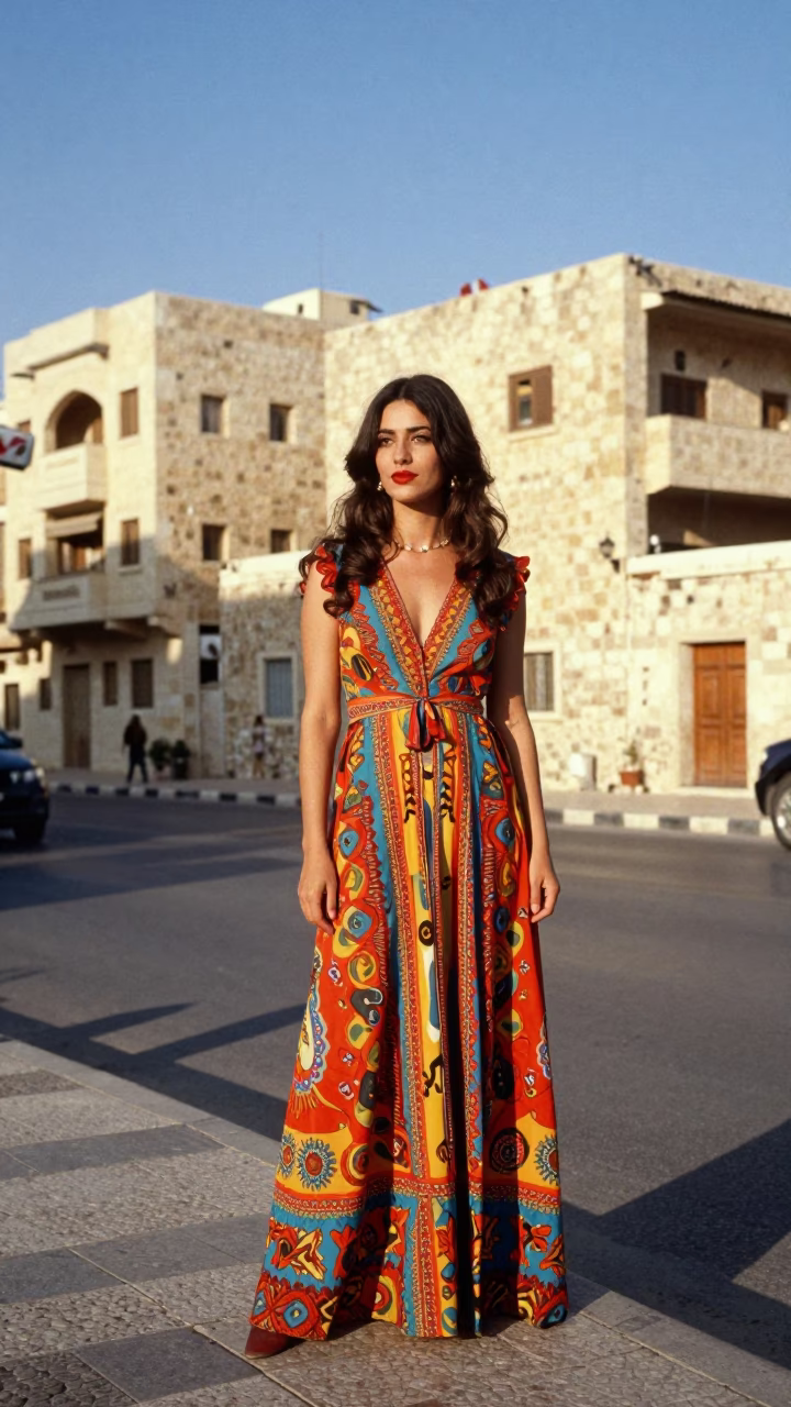 High Fashion 1970s Portrait of Woman in Amman Jordan Late Afternoon Sunlight in in Amman, Jordan