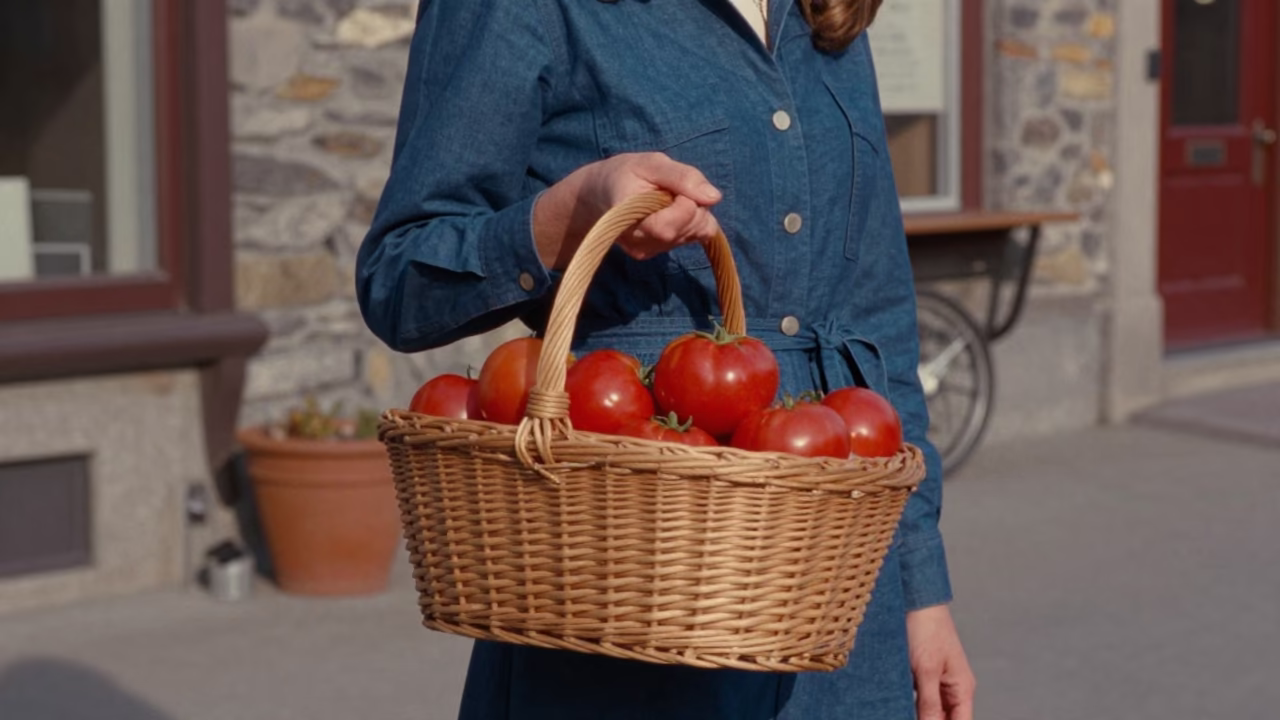High Fashion 1970s Quebec City Street Style with Indigo Fabric and Wicker Basket in in Quebec City, Quebec, Canada