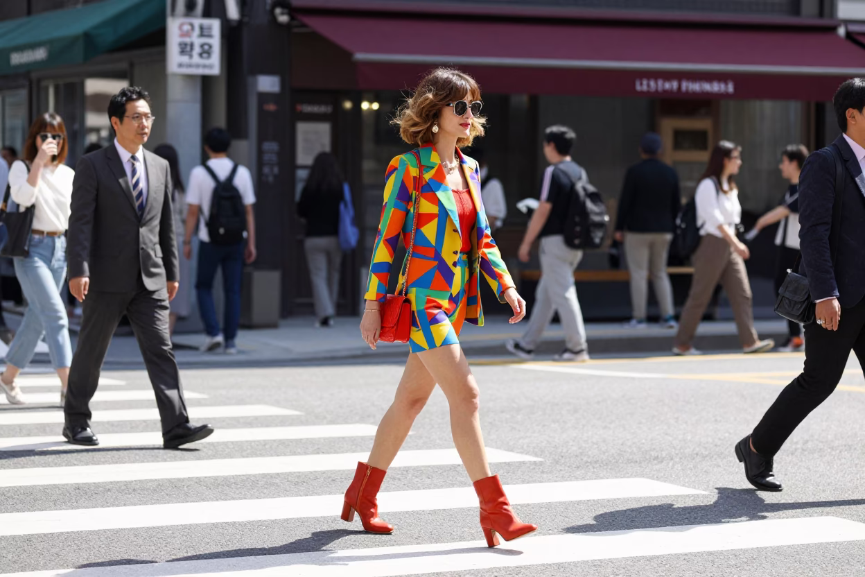 High Fashion 1970s Seoul Street Style Noon Light Candid Moment in in Seoul, South Korea