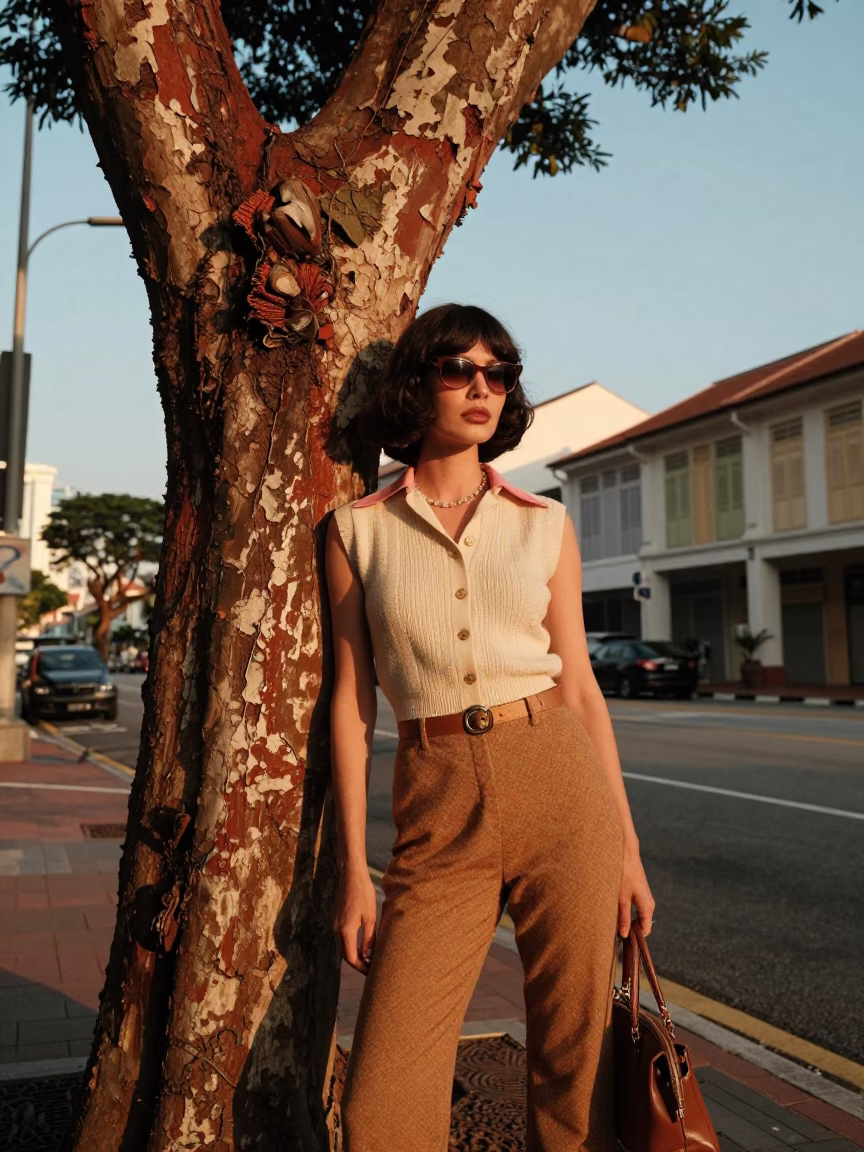 High Fashion 1970s Singapore Golden Hour Street Portrait with Local Details in in Singapore, Singapore