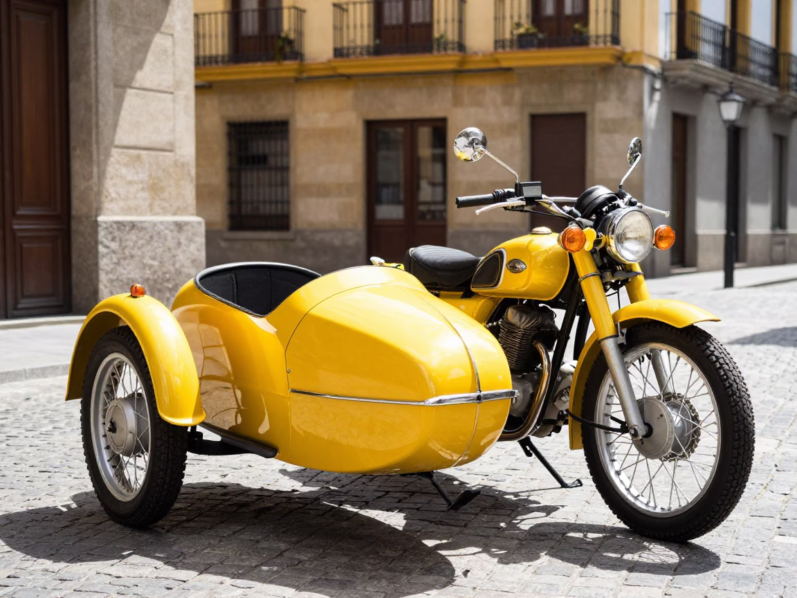 High Fashion 1970s Vintage Motorcycle Sidecar in Bright Midmorning Bilbao Spain in in Bilbao, Spain