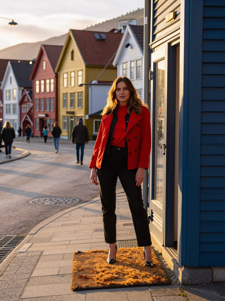 High Fashion 1980s Bergen Norway Sunrise Colorful Street Photography in in Bergen, Norway