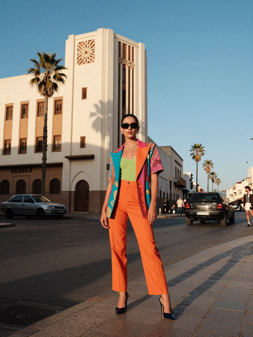 High Fashion 1980s Casablanca Street Scene Late Afternoon Light Moroccan Fashion Photography in in Casablanca, Morocco