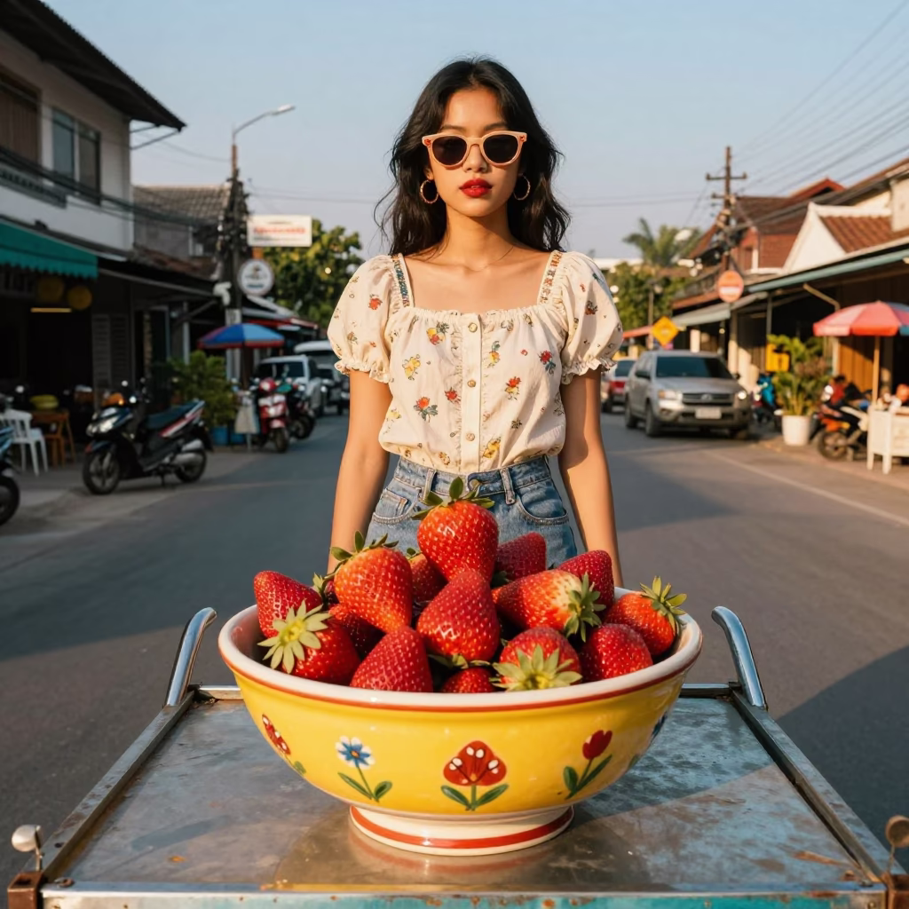 High Fashion 1980s Chiang Mai Street Style with Ceramic Bowl and Strawberries in in Chiang Mai, Thailand