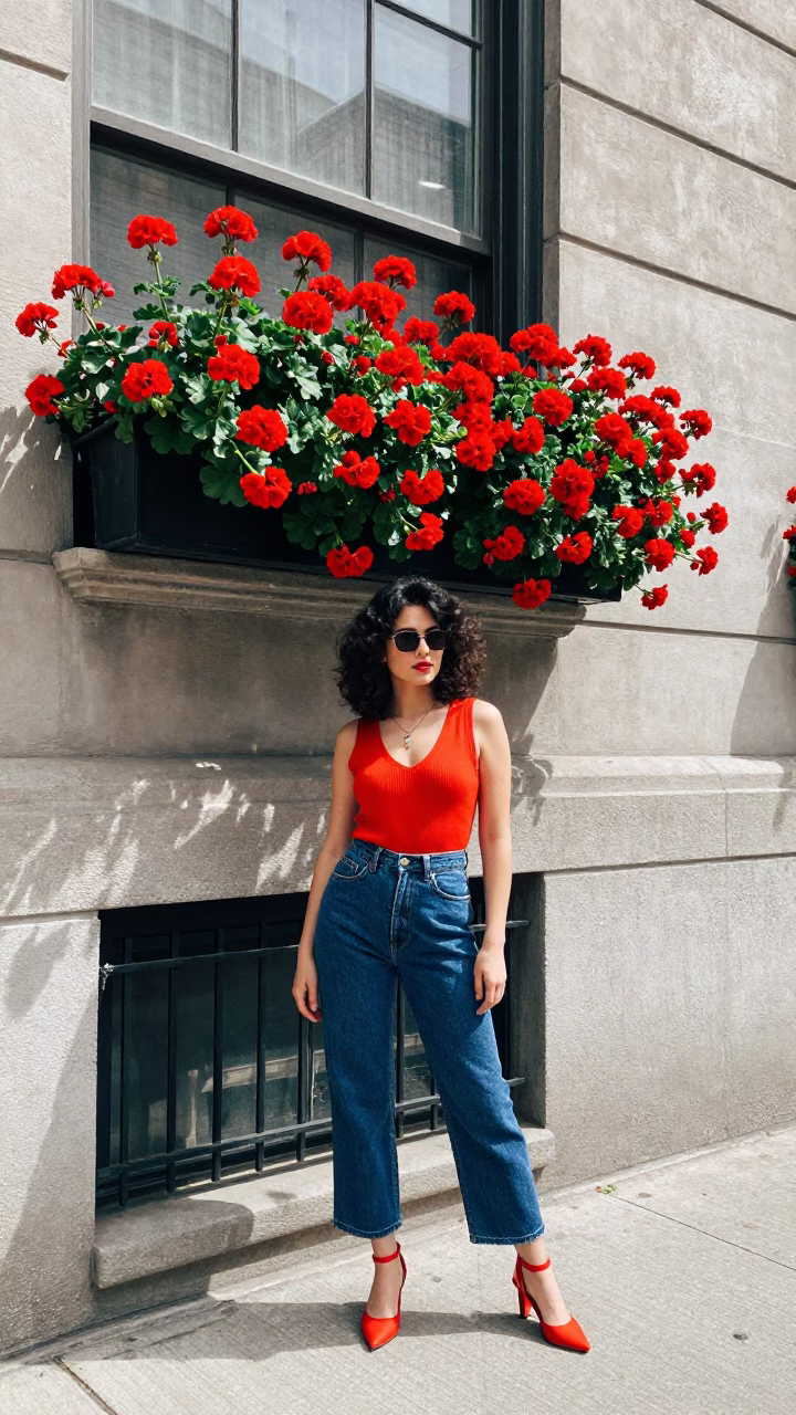 High Fashion 1980s Chicago Street Style with Geraniums and Urban Details in in Chicago, Illinois, United States