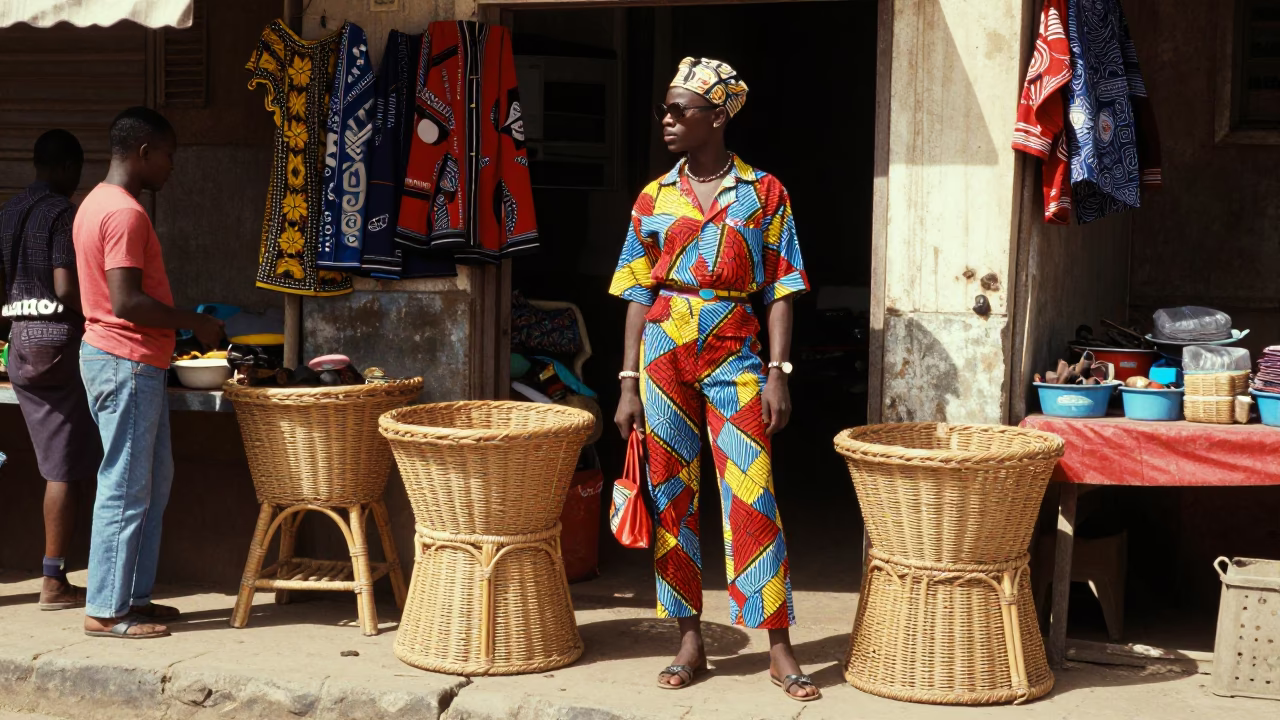 High Fashion 1980s Dakar Senegal Midmorning Street Style with Rattan Chair Detail in in Dakar, Senegal
