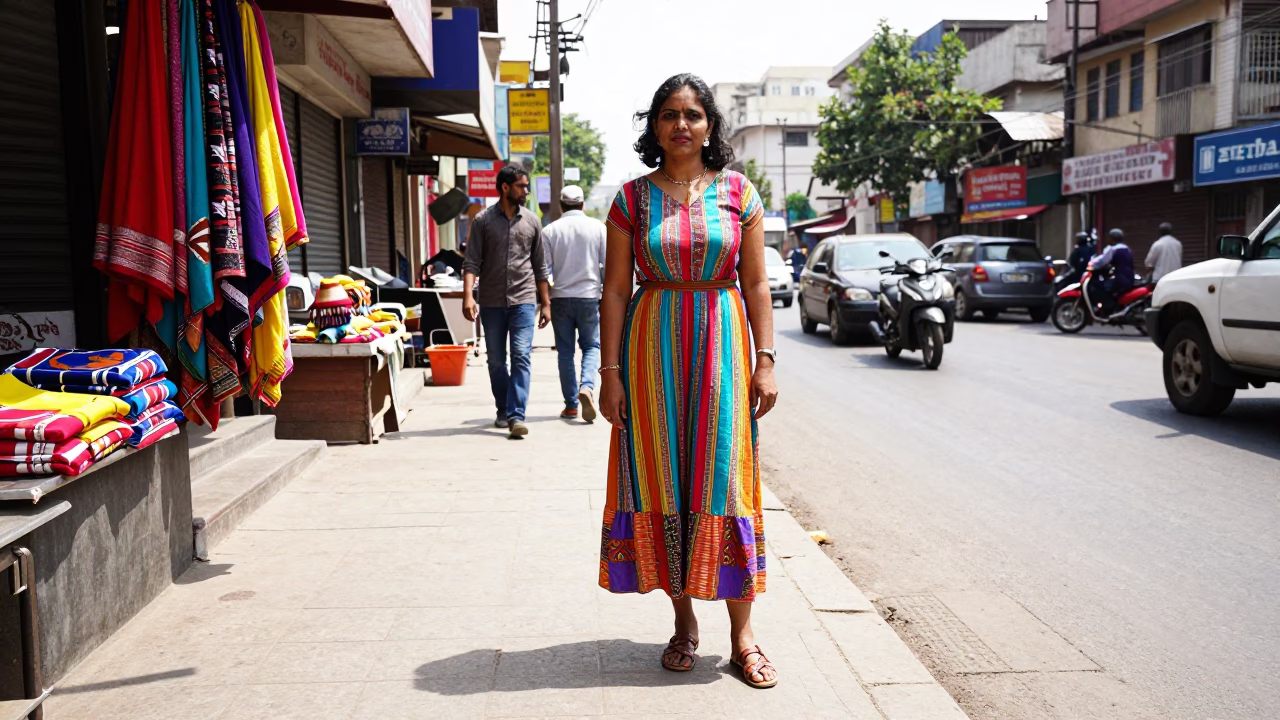 High Fashion 1980s Delhi Street Portrait with Colorful Fabrics and Urban Details in in Delhi, India