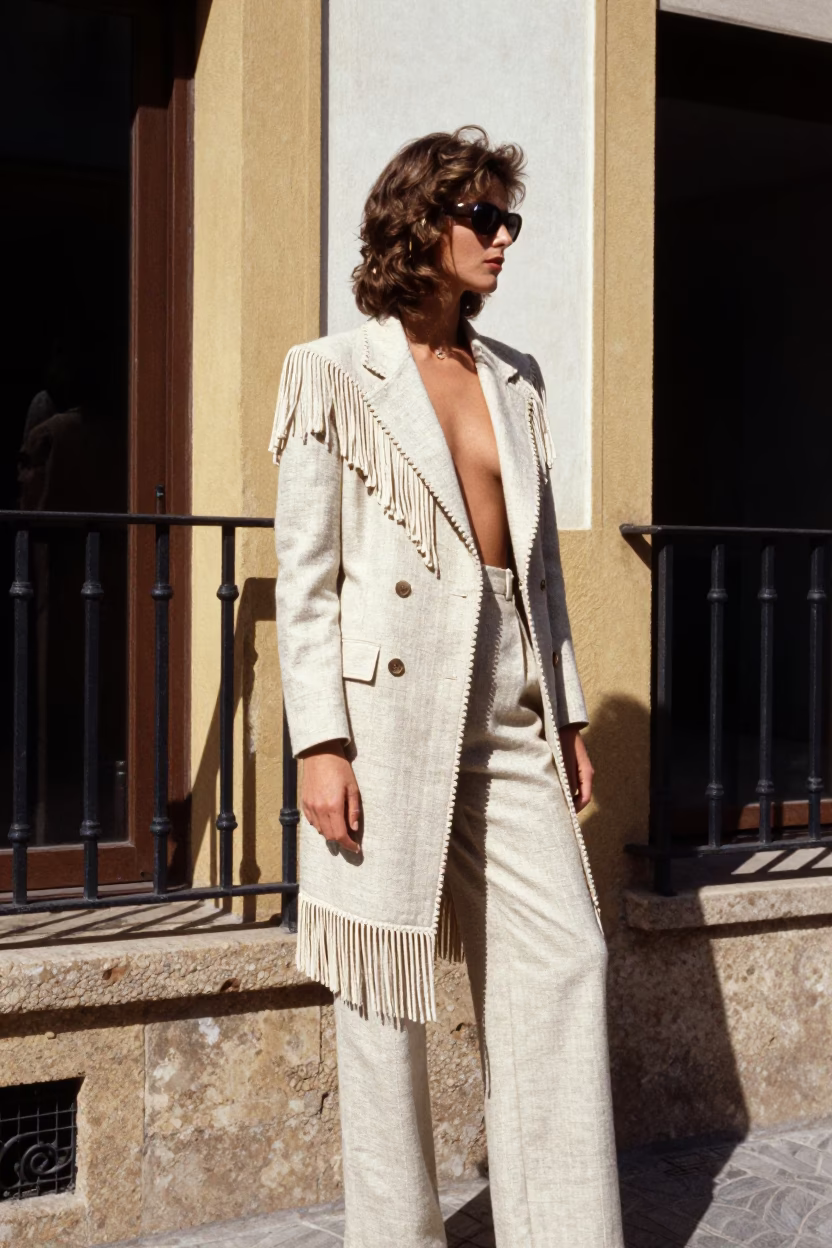High Fashion 1980s Editorial in Seville Spain with Linen Fringe and Sunlight in in Seville, Spain