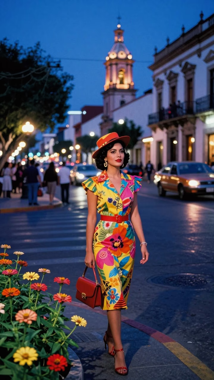 High Fashion 1980s Guadalajara Street Scene with Zinnias and Mangoes at Dusk in in Guadalajara, Mexico