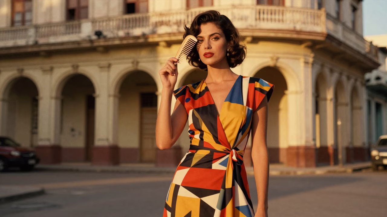High Fashion 1980s Havana Street Style Portrait in Honeyed Evening Light in in Havana, Cuba