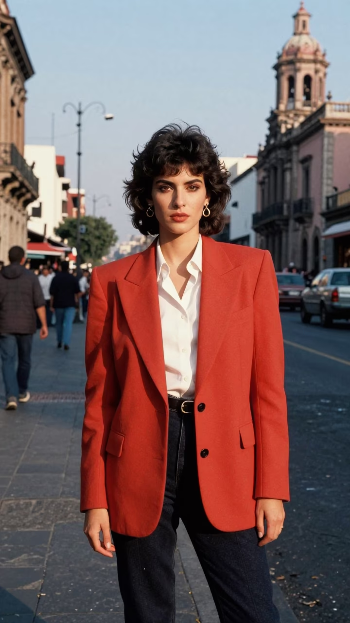 High Fashion 1980s Mexico City Street Style Portrait in Late Afternoon Sunlight in in Mexico City, Mexico