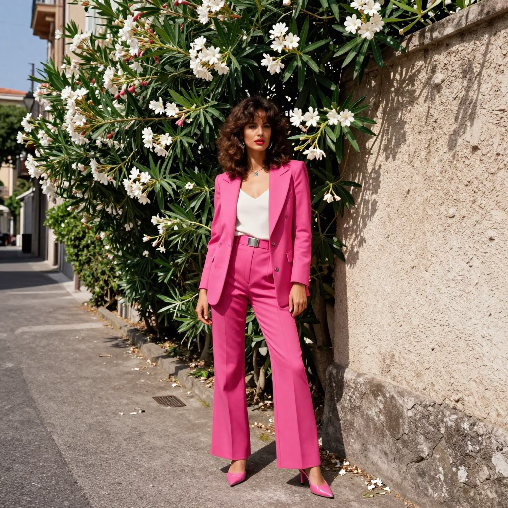 High Fashion 1980s Naples Street Style with Oleander Hedge and Sunlight in in Naples, Italy