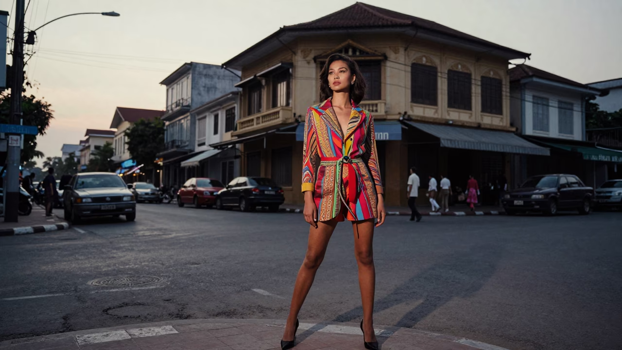 High Fashion 1980s Phnom Penh Street Scene Before Sunrise with Papayas and Rust in in Phnom Penh, Cambodia