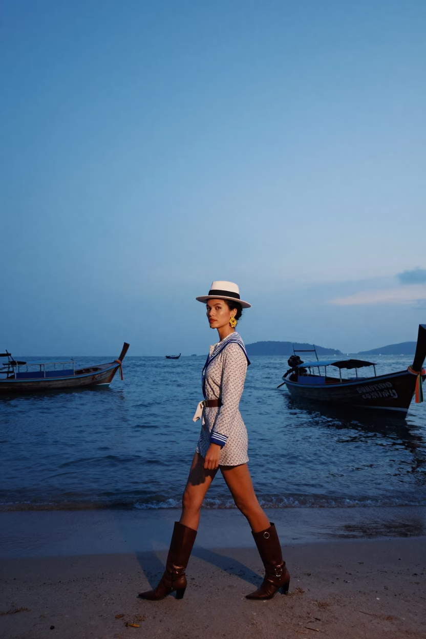 High Fashion 1980s Phuket Nautical Dawn Model Strolling Past Traditional Longtail Boats in in Phuket, Thailand