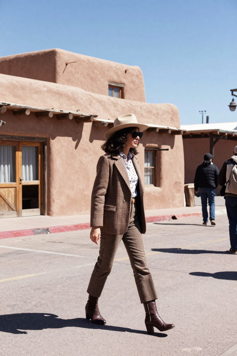 High Fashion 1980s Santa Fe Street Style with Adobes and Noon Sunlight in in Santa Fe, New Mexico, United States