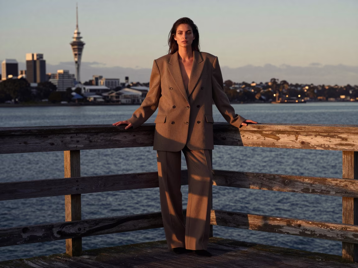 High Fashion 1990s Auckland Dawn Portrait on Weathered Deck with Glass Jar in in Auckland, New Zealand