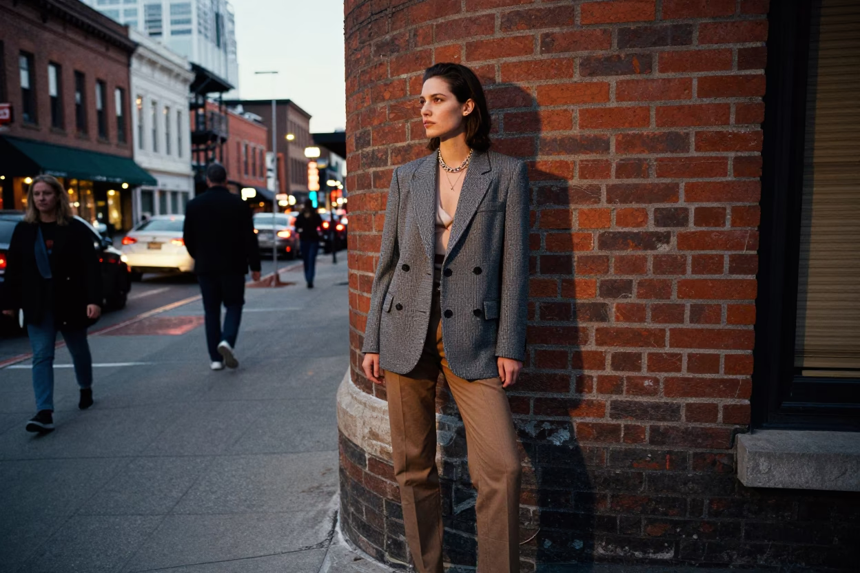 High Fashion 1990s Editorial in Nashville Tennessee Evening Street Scene with Stoneware and Grapes in in Nashville, Tennessee, United States