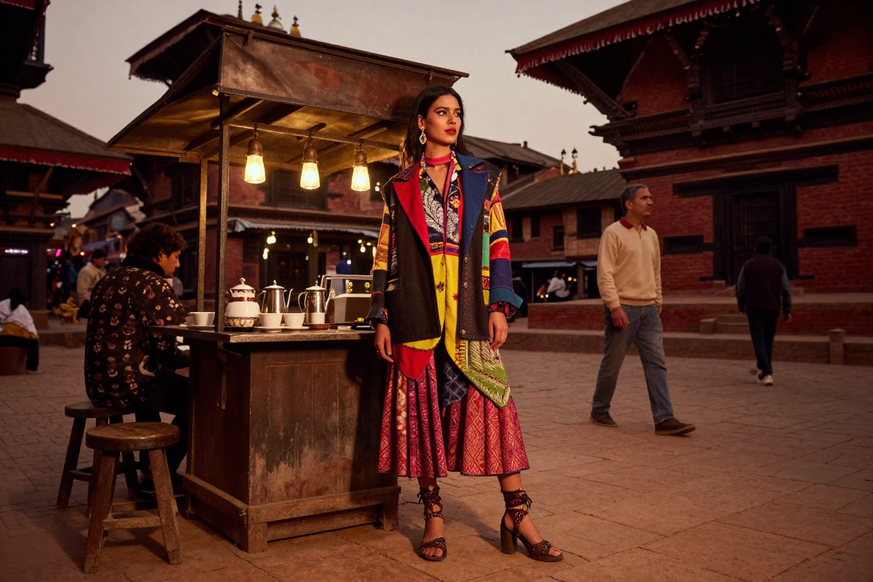 High Fashion 1990s Kathmandu Evening Street Scene with Chai and Urban Life in in Kathmandu, Nepal