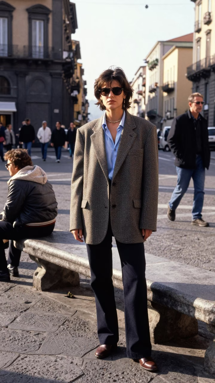 High Fashion 1990s Naples Street Style Late Morning Sunlight on Bench Slats in in Naples, Italy