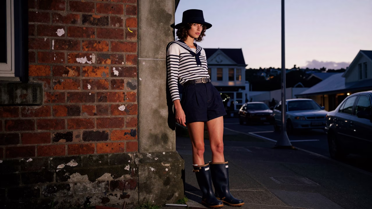 High Fashion 1990s Wellington Nautical Dawn Street Style with Vintage Lantern and Urban Textures in in Wellington, New Zealand
