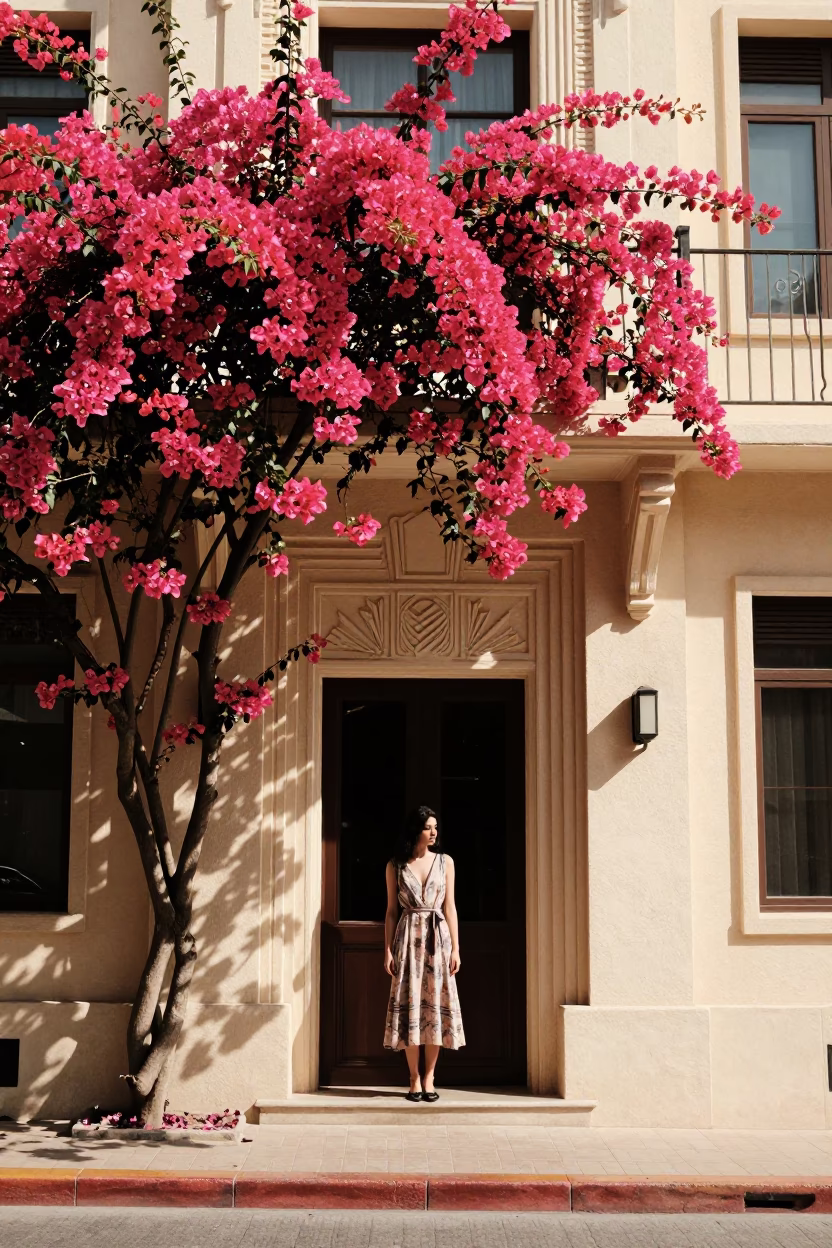 High Fashion Bougainvillea and Art Deco Facade in Noon Light Beirut Lebanon in in Beirut, Lebanon