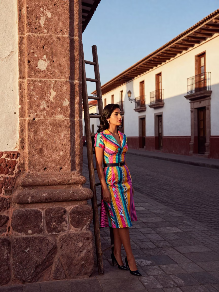 High Fashion Colorful 1950s Cusco Peru Street Scene with Ladder-Back Chair in in Cusco, Peru