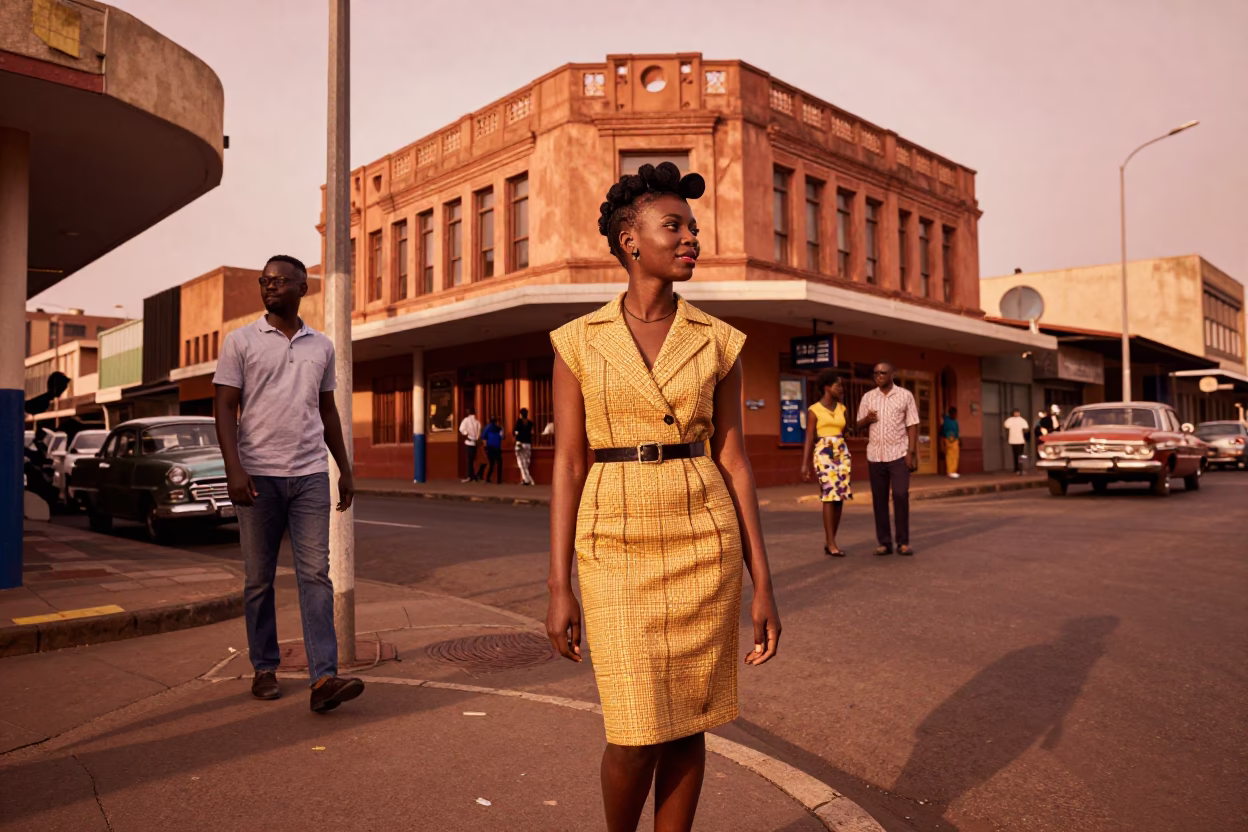 High Fashion Colorful 1950s Johannesburg Street Scene Copper Toned Light Before Dusk in in Johannesburg, South Africa